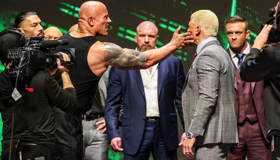 The Rock slaps Cody Rhodes at the WWE press conference in Las Vegas on February 4, 2024. Twitter photo