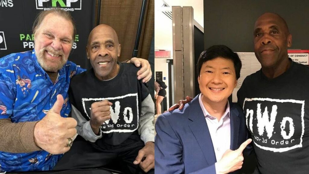 Jim Duggan (left) and Ken Jeong (middle right) taking a picture with Mike Jones.