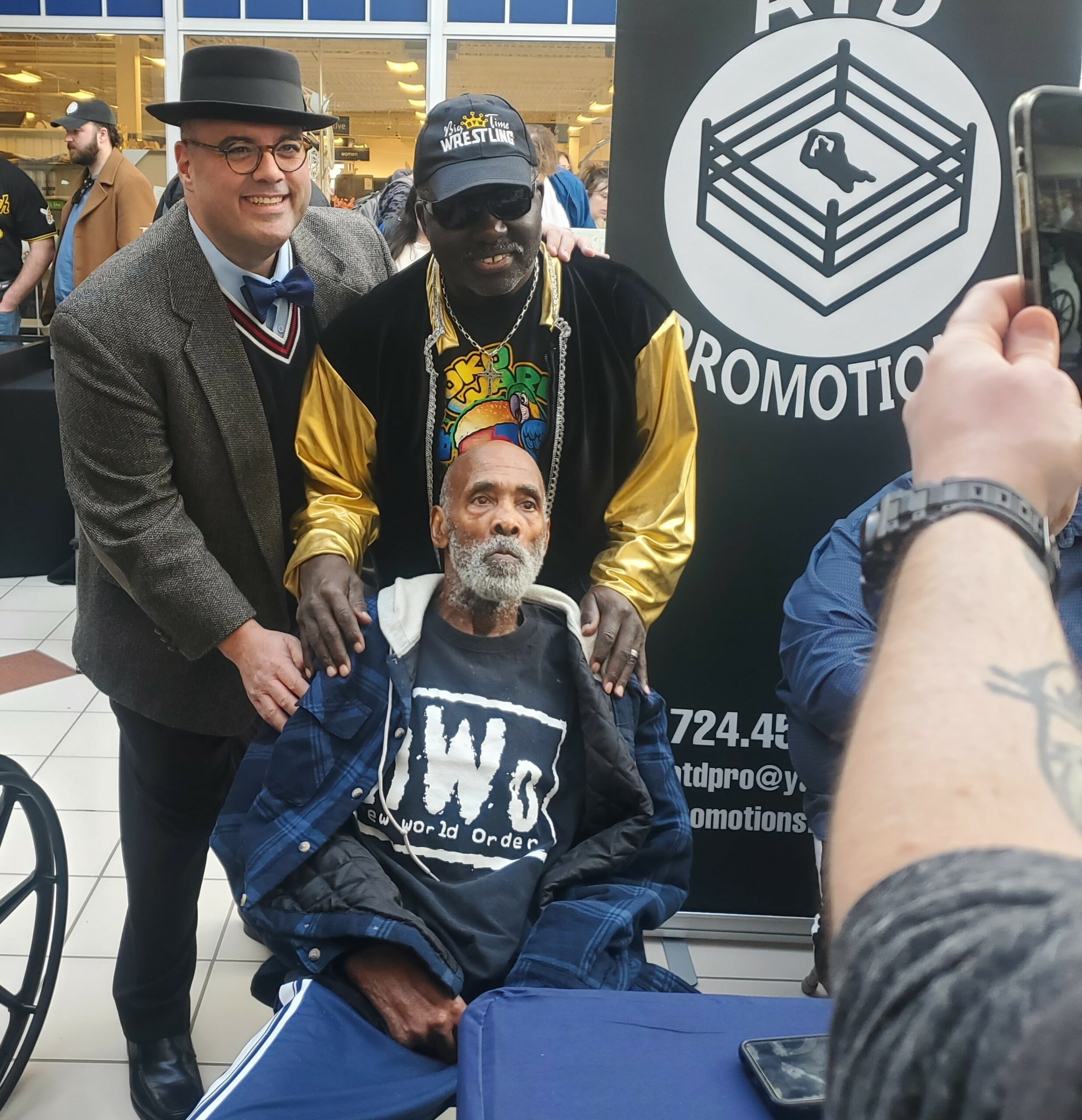 Mark Charles III, Koko B. Ware and (seated) Mike "Virgil" Jones on February 3 in Washington, PA. This was Virgil's last public appearance. Photo by Tom Leturgey