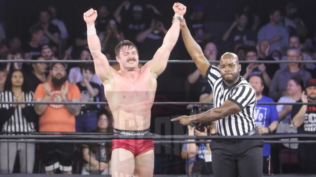 Alex Coughlin wins a Pure Rules Match at the New Japan Collision show in Pennsylvania at the 2300 Arena, on Sunday, April 16, 2023. Photo by George Tahinos, georgetahinos.smugmug.com