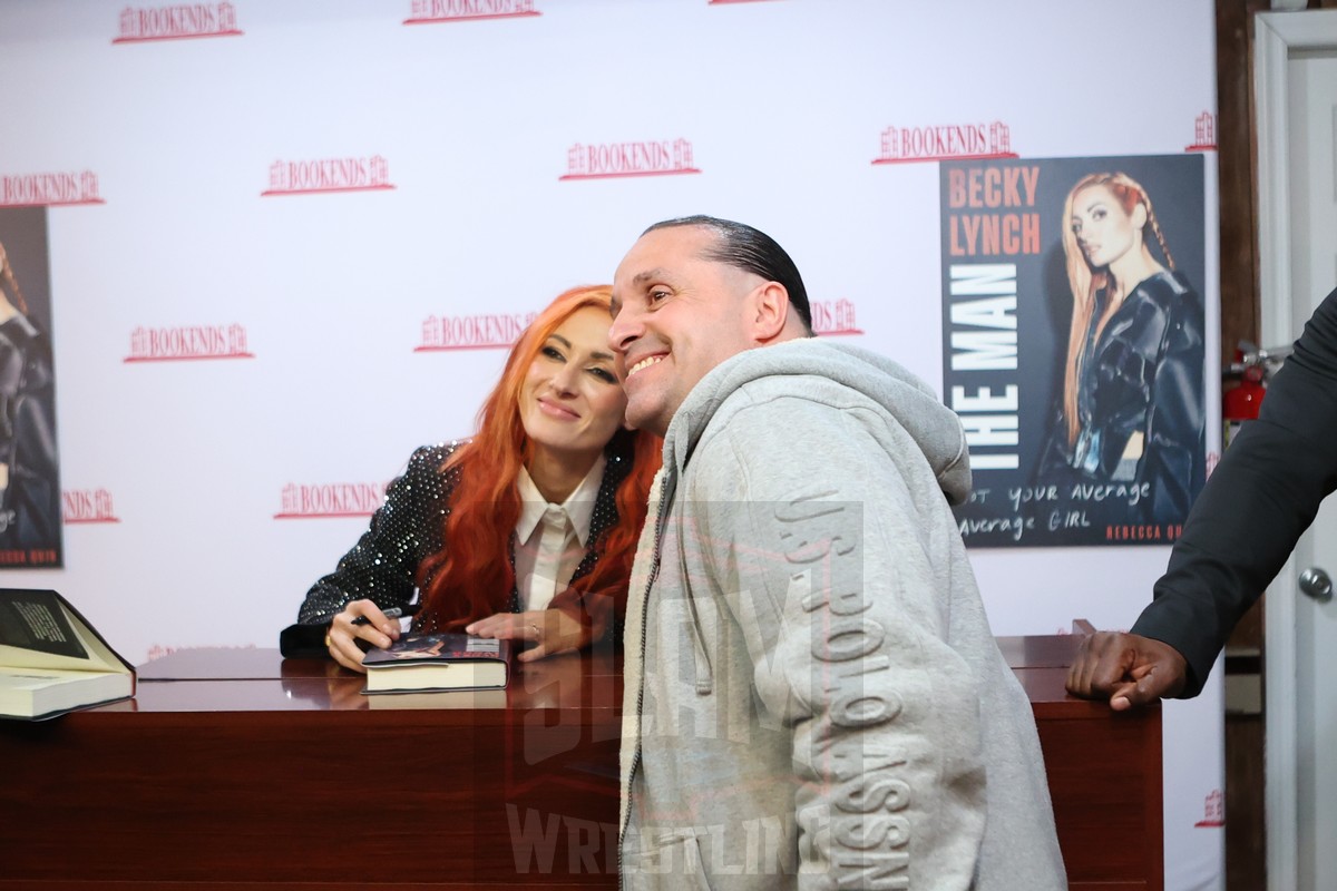 Becky Lynch and superfan Ringside Charlie at Bookends bookstore in Ridgewood, NJ, on Wednesday, March 27, 2024. Photo by George Tahinos, georgetahinos.smugmug.com