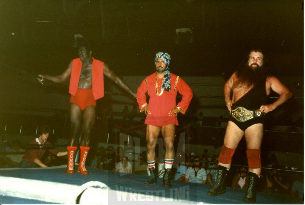 Bobo Brazil, Tiger Jeet Singh and Dave "Bearman" McKigney at Varsity Arena in Toronto, in 1973. Photo by Roger Baker