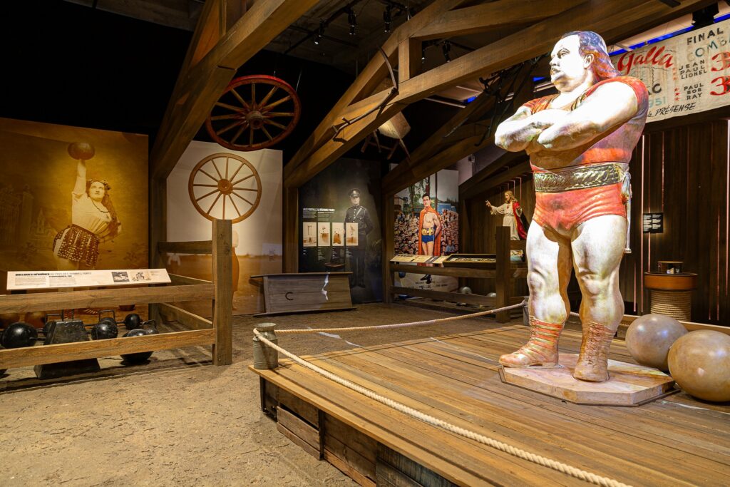 A display including strongman Louis Cyr on Tuesday, March 19, 2024, at the Musée de la civilisation launch of "Lutte. Le Québec dans l’arène". Musée de la civilisation Facebook photo