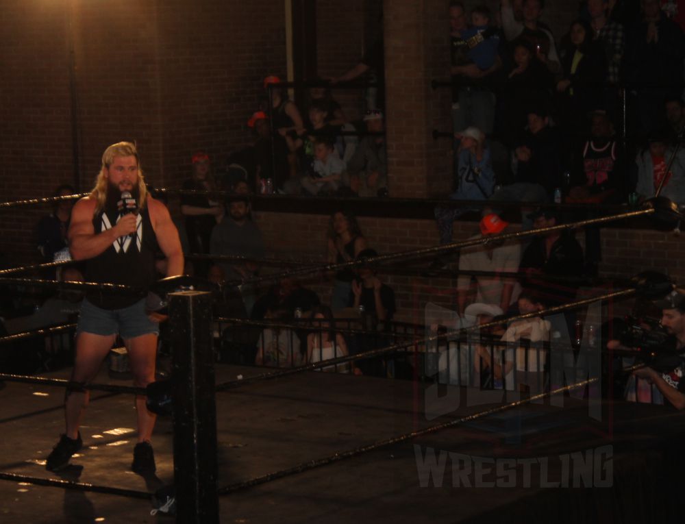 A.J. Ouellette speaks to the crowd on March 9, 2024, at Greektown Wrestling in Toronto. Photo by Greg Oliver