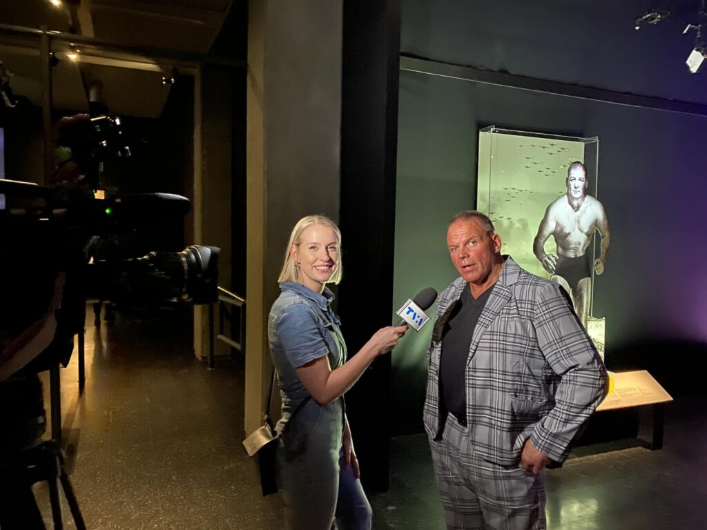 Pa Robi of TVA interviews PCO on Tuesday, March 19, 2024, at the Musée de la civilisation launch of "Lutte. Le Québec dans l’arène". Facebook photo