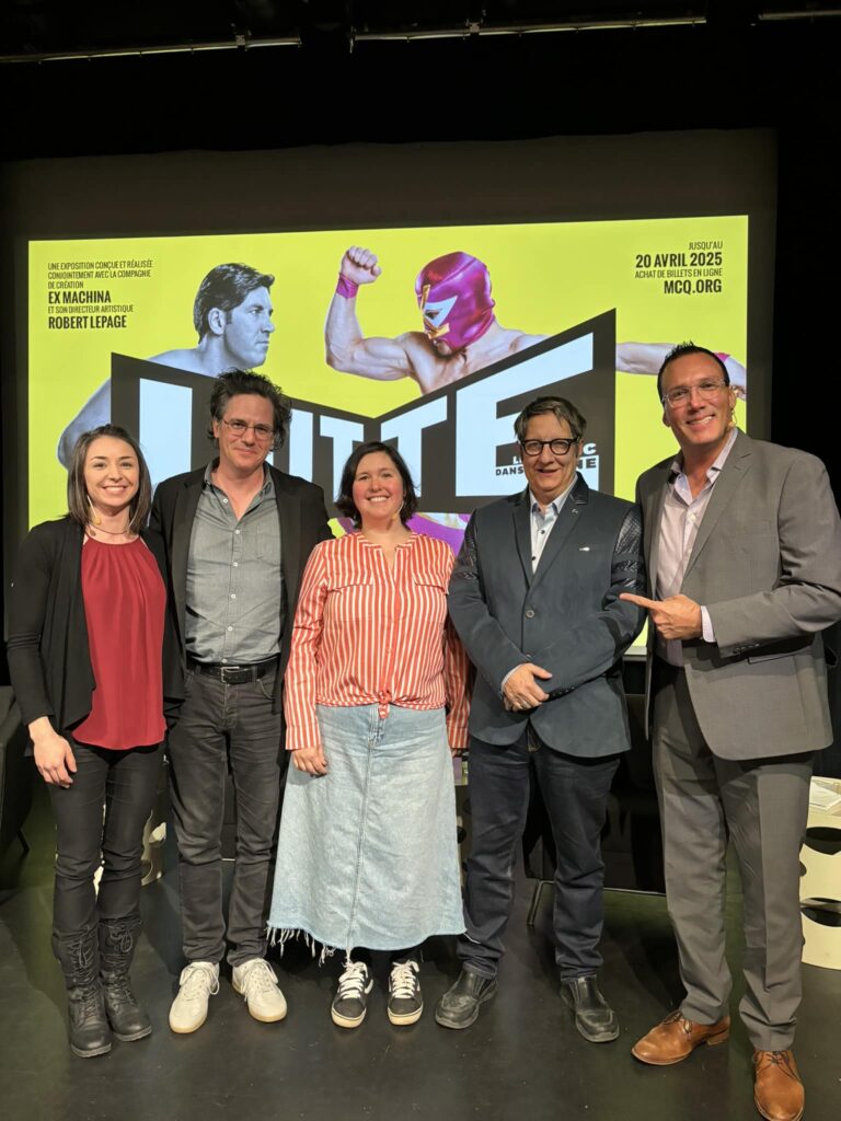 Tanya Beaumont (center) hosted a round table discussion including, left to right, Loue O'Farrell, Steve Blanchet, Robert Lepage and Pat Laprade, on Tuesday, March 19, 2024, at the Musée de la civilisation launch of "Lutte. Le Québec dans l’arène". Facebook photo