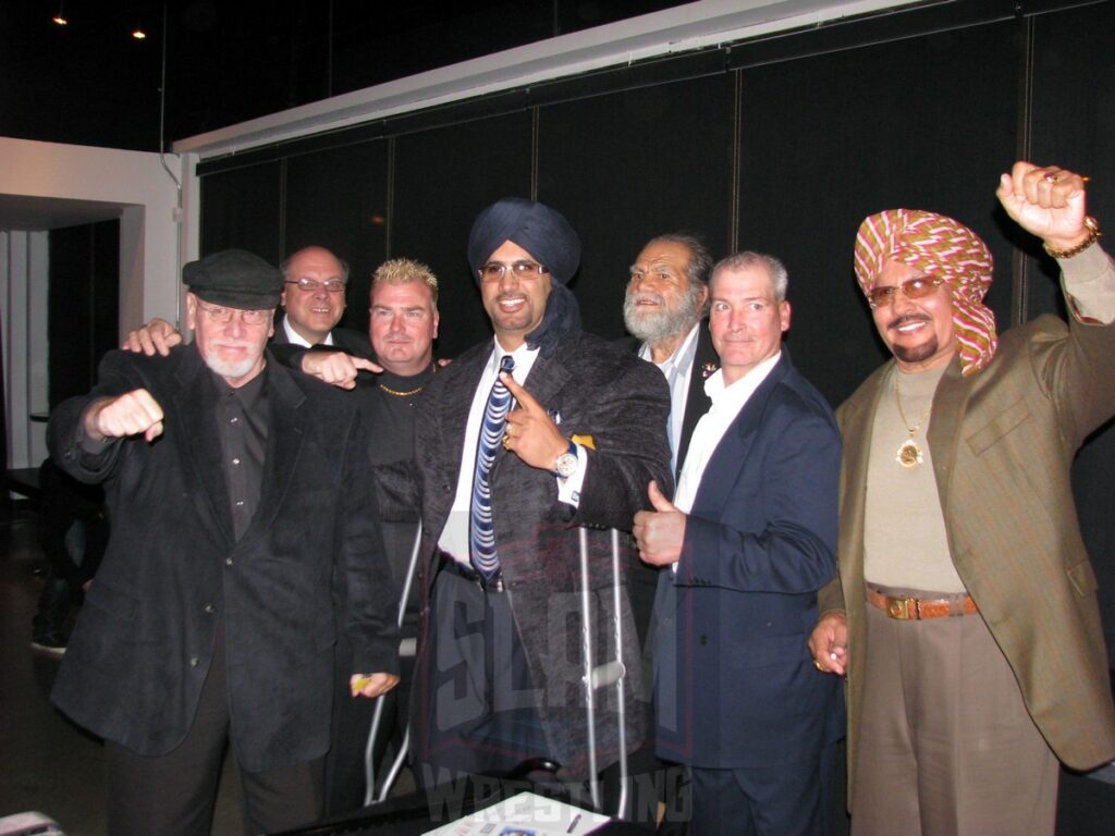 Johnny Powers, Dave Burzynski, Troy Newton, Tiger Ali Singh, The Wolfman Willie Farkus, Marc Grier (Wolfman's stepson), and Tiger Jeet Singh at the Titans in Toronto dinner on September 18, 2010, in Toronto, Ontario. Photo by Roger Baker