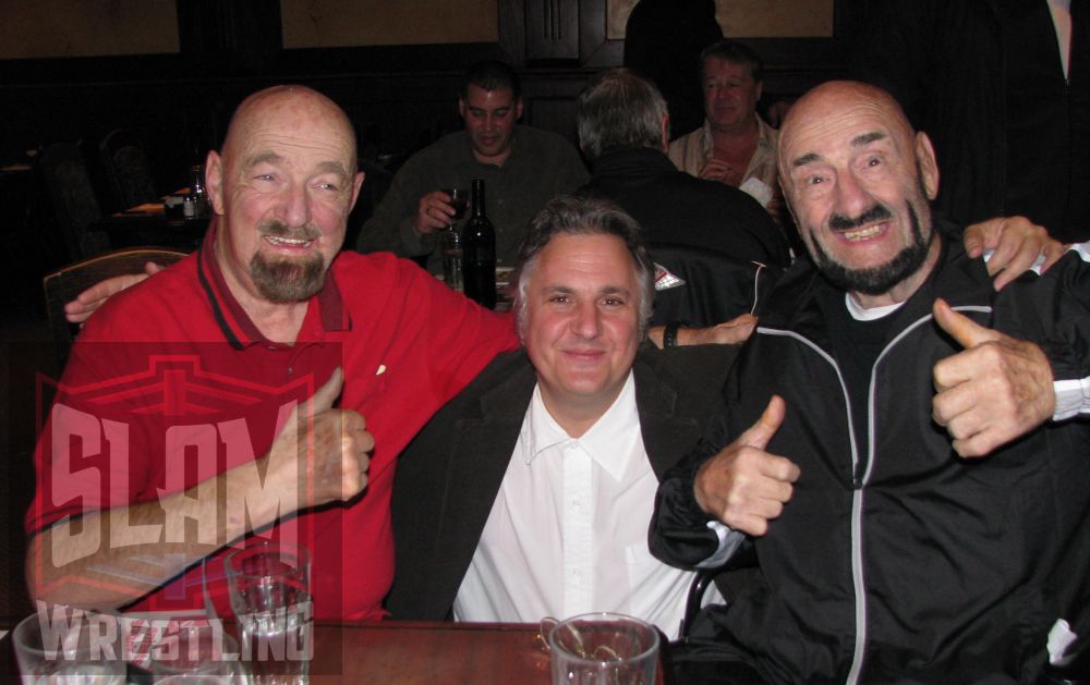 Butcher Vachon and Mad Dog Vachon with director John Dolin of Wrestling with the Past in November 2009. Photo by Greg Oliver