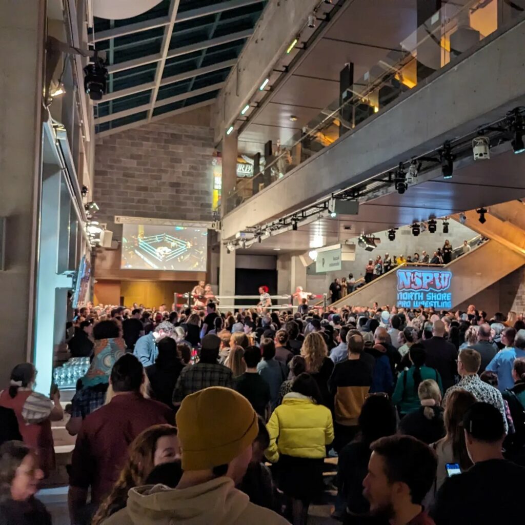 Wrestling action on Tuesday, March 19, 2024, at the Musée de la civilisation launch of "Lutte. Le Québec dans l’arène". Facebook photo by Marc Durand