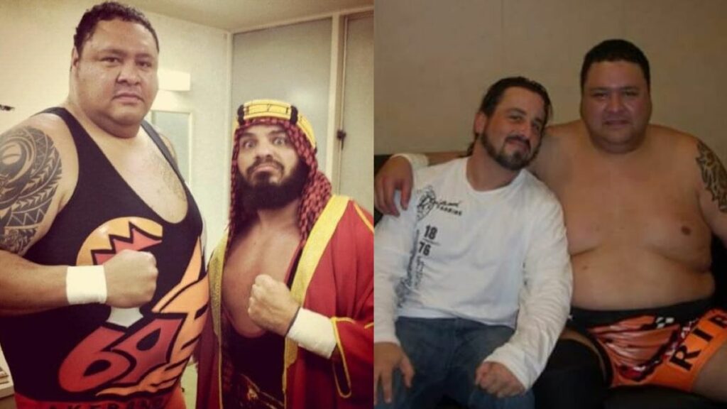 Akebono with, left, The Almighty Sheik, and right, Steve Corino.