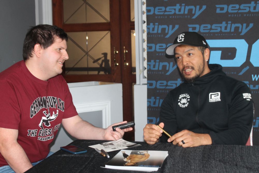 Alex Podgorski interviews Kenta at the Destiny World Wrestling show in Toronto on Sunday, April 14, 2024. Photo by Greg Oliver