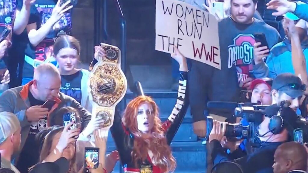 Becky Lynch celebrating with the crowd after winning the WWE Women's World Championship. Photo: WWE