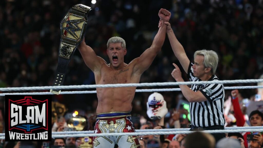 Referee Charles Robinson lifts the arms of new Undisputed WWE Universal champion Cody Rhodes at Night 2 of WrestleMania XL at Lincoln Financial Field in Philadelphia, PA, on Sunday, April 7, 2024. Photo by George Tahinos, georgetahinos.smugmug.com