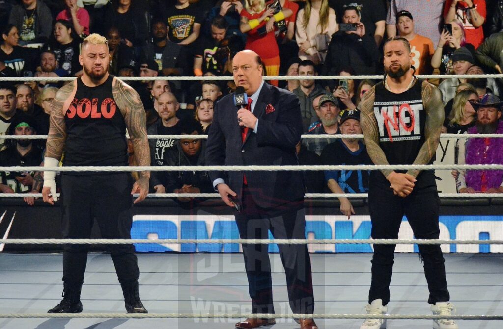 Solo Sikoa, Paul Heyman and Jimmy Uso at WWE Smackdown at the Little Caesars Arena in Detroit, Michigan, on Friday, April 12, 2024. Photo by Brad McFarlin