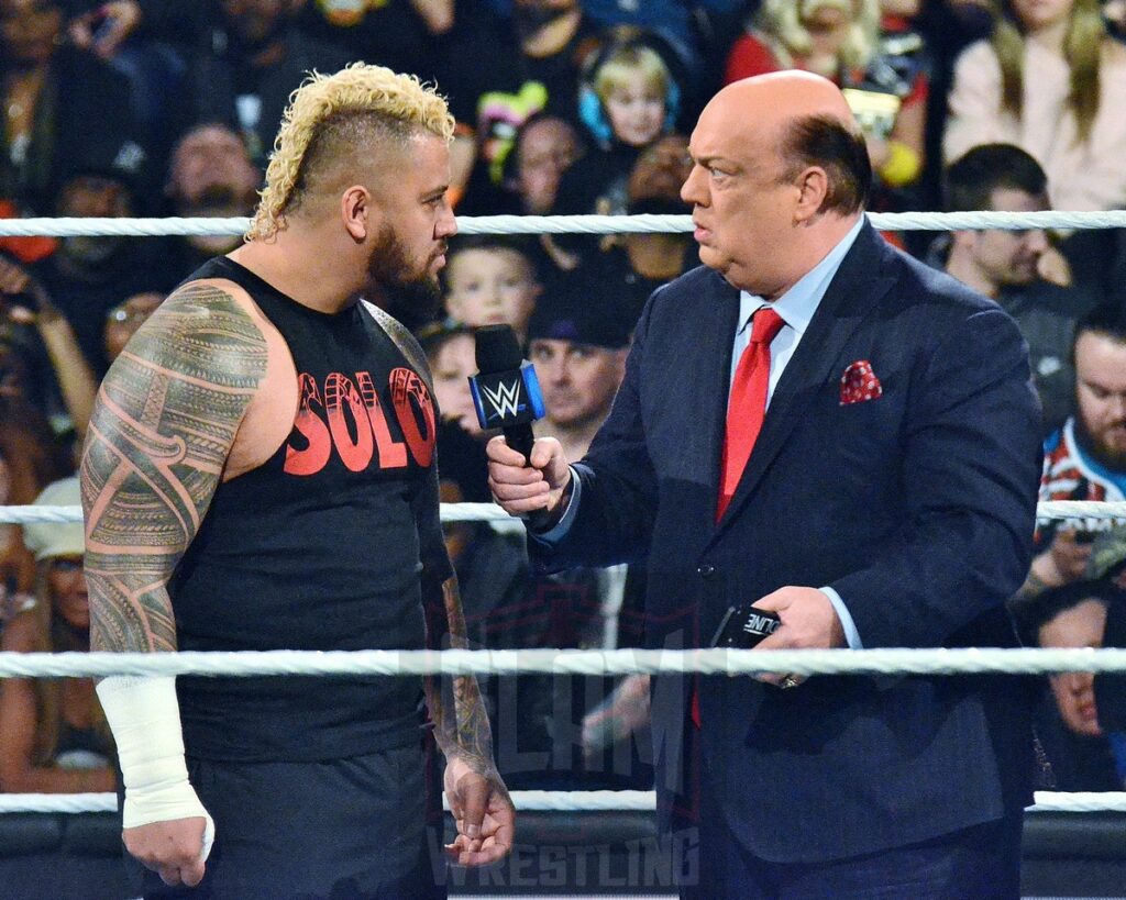 Solo Sikoa and Paul Heyman at WWE Smackdown at the Little Caesars Arena in Detroit, Michigan, on Friday, April 12, 2024. Photo by Brad McFarlin