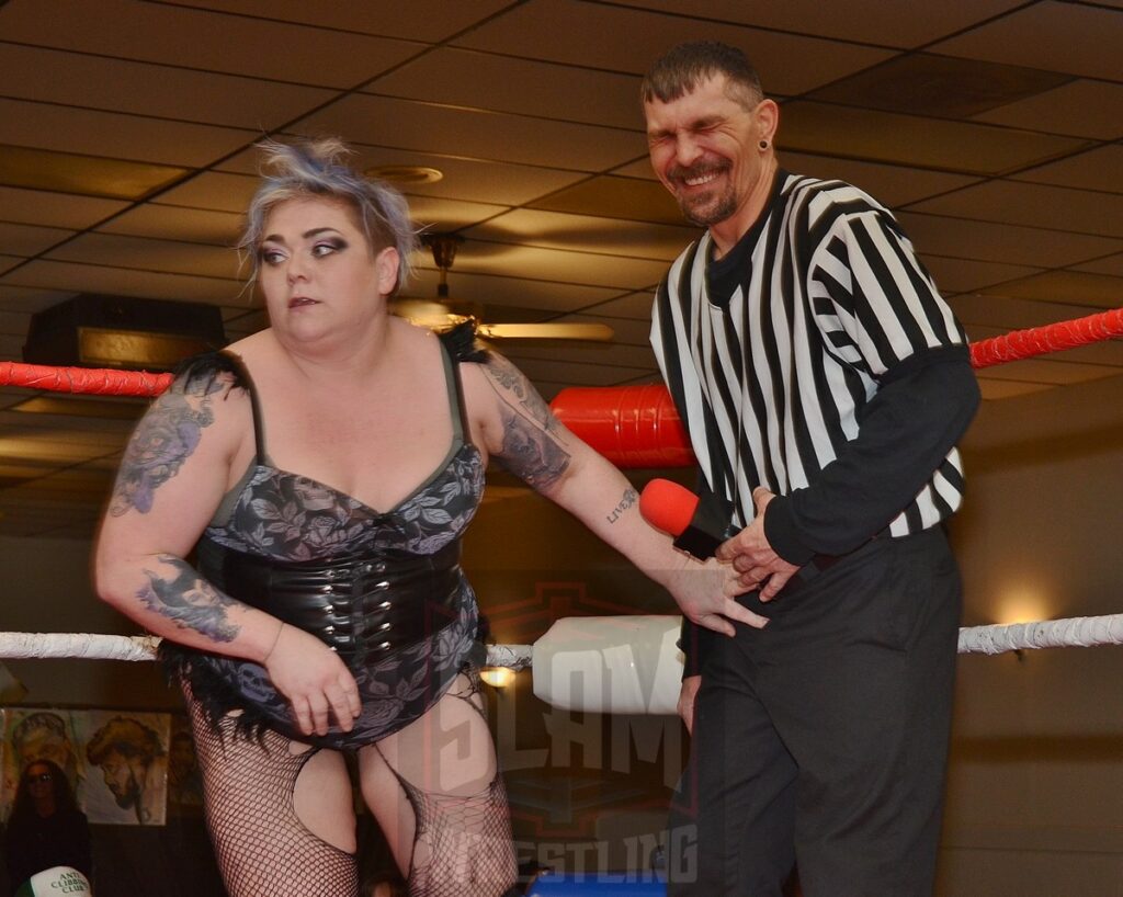 Frankie Ainsek vs Mickey Knuckles at the Divine Women's Pro Wrestling card on Friday, April 26, 2024 at the Livonia Elks Lodge in Livonia, Michigan. Photo by Brad McFarlin