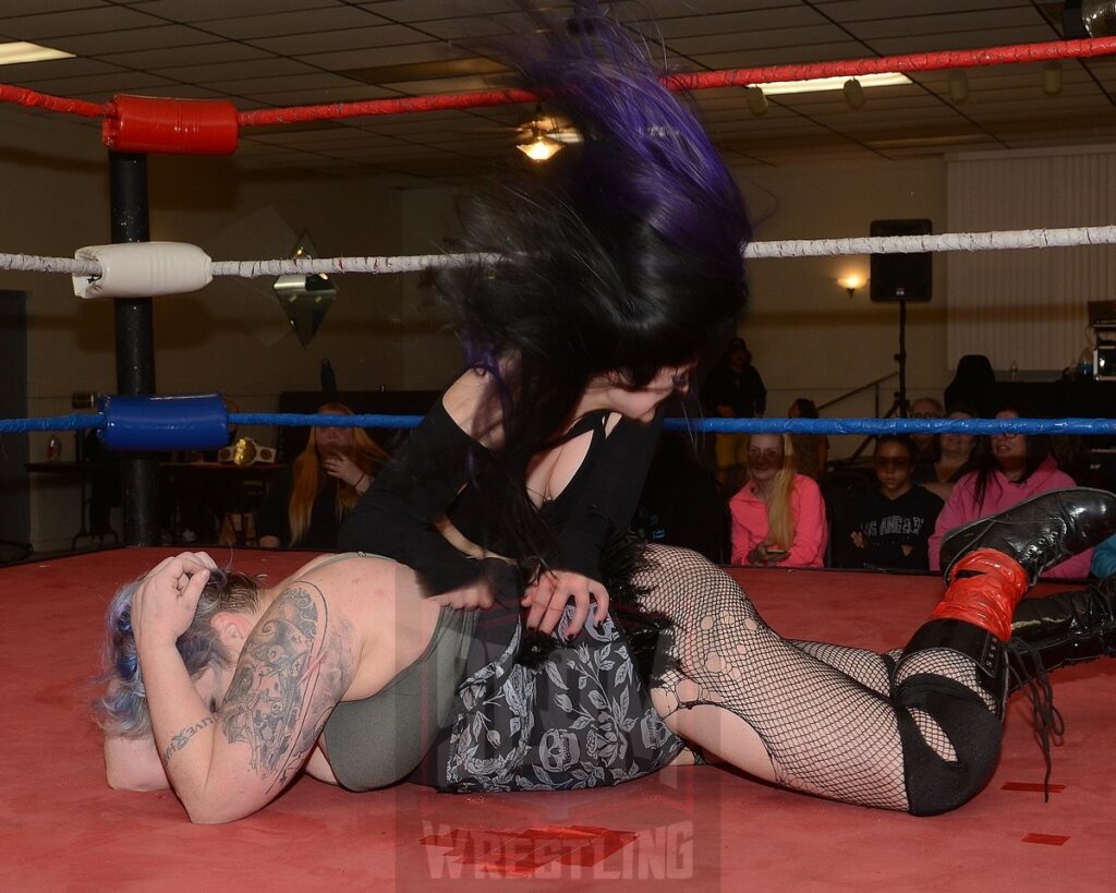Frankie Ainsek vs Mickey Knuckles at the Divine Women's Pro Wrestling card on Friday, April 26, 2024 at the Livonia Elks Lodge in Livonia, Michigan. Photo by Brad McFarlin