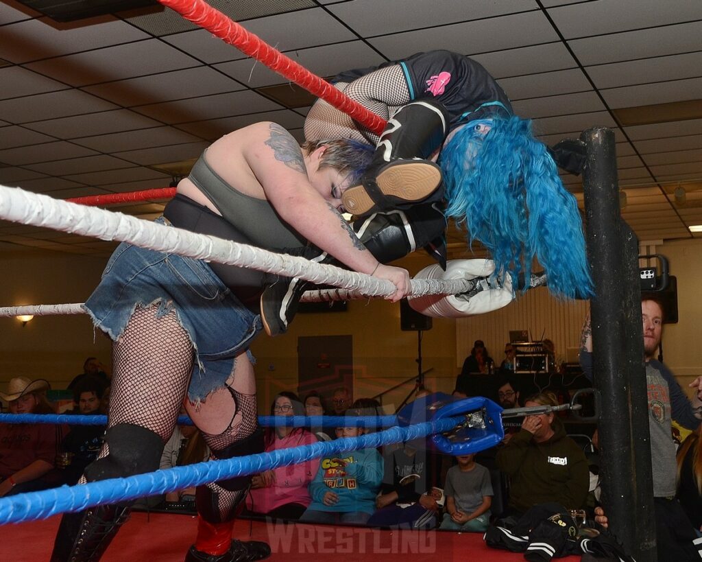 Heather Blue and Mickey Knuckles in action during a battle royal at the Divine Women's Pro Wrestling card on Friday, April 26, 2024 at the Livonia Elks Lodge in Livonia, Michigan. Photo by Brad McFarlin