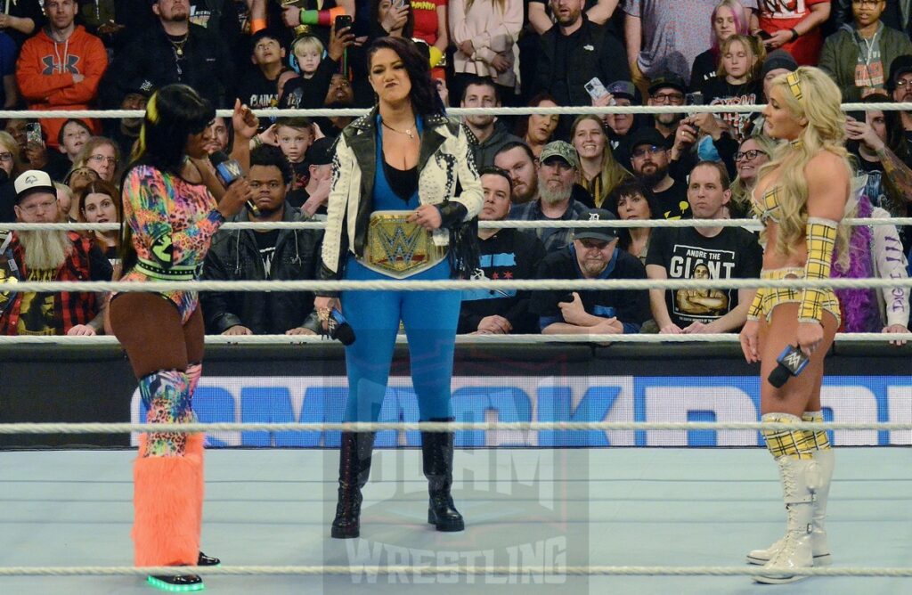 Naomi, WWE Women’s Champion Bayley and Tiffany Stratton at WWE Smackdown at the Little Caesars Arena in Detroit, Michigan, on Friday, April 12, 2024. Photo by Brad McFarlin