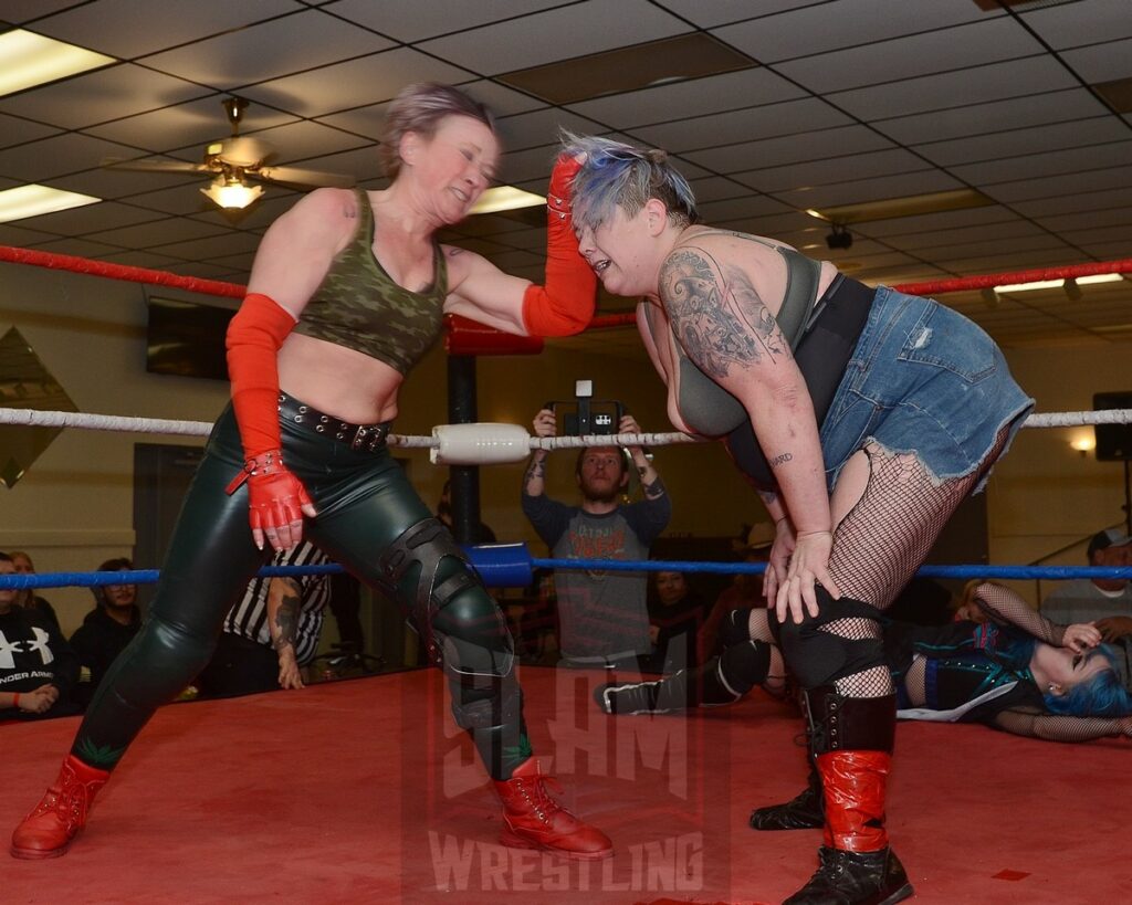 Randi West and Mickey Knuckles in action during a battle royal at the Divine Women's Pro Wrestling card on Friday, April 26, 2024 at the Livonia Elks Lodge in Livonia, Michigan. Photo by Brad McFarlin