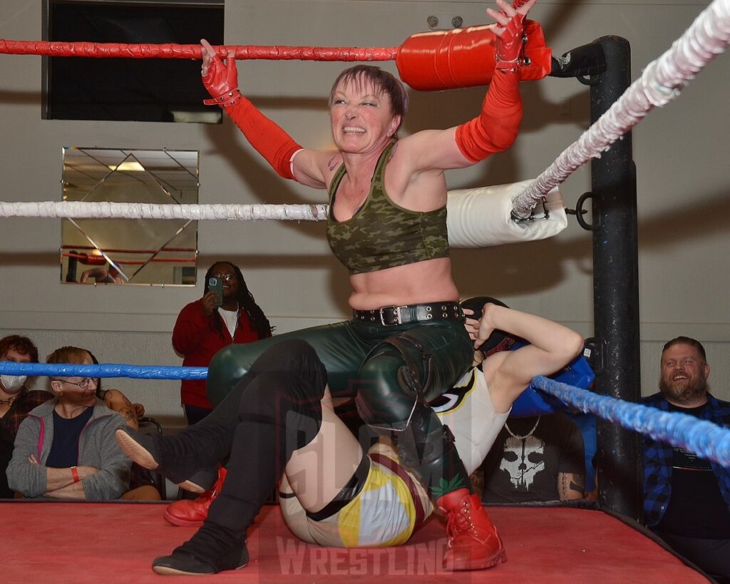 Randi West and Stella Buho in action during a battle royal at the Divine Women's Pro Wrestling card on Friday, April 26, 2024 at the Livonia Elks Lodge in Livonia, Michigan. Photo by Brad McFarlin