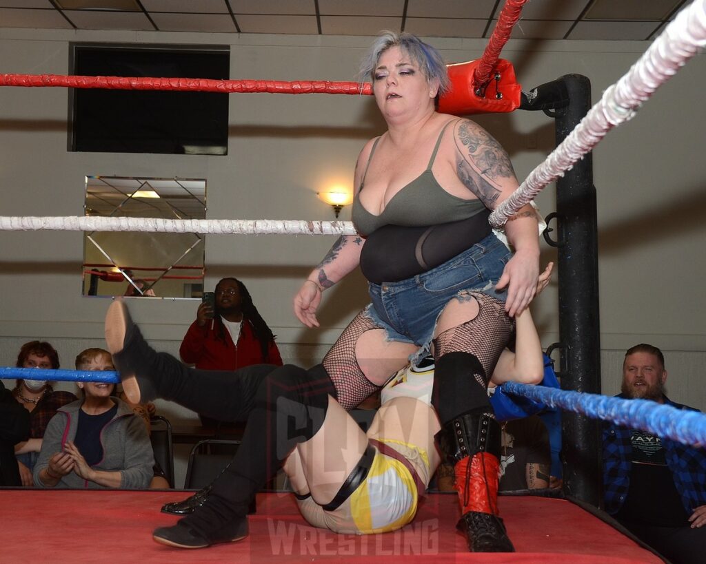 Mickey Knuckles and Stella Buho in action during a battle royal at the Divine Women's Pro Wrestling card on Friday, April 26, 2024 at the Livonia Elks Lodge in Livonia, Michigan. Photo by Brad McFarlin