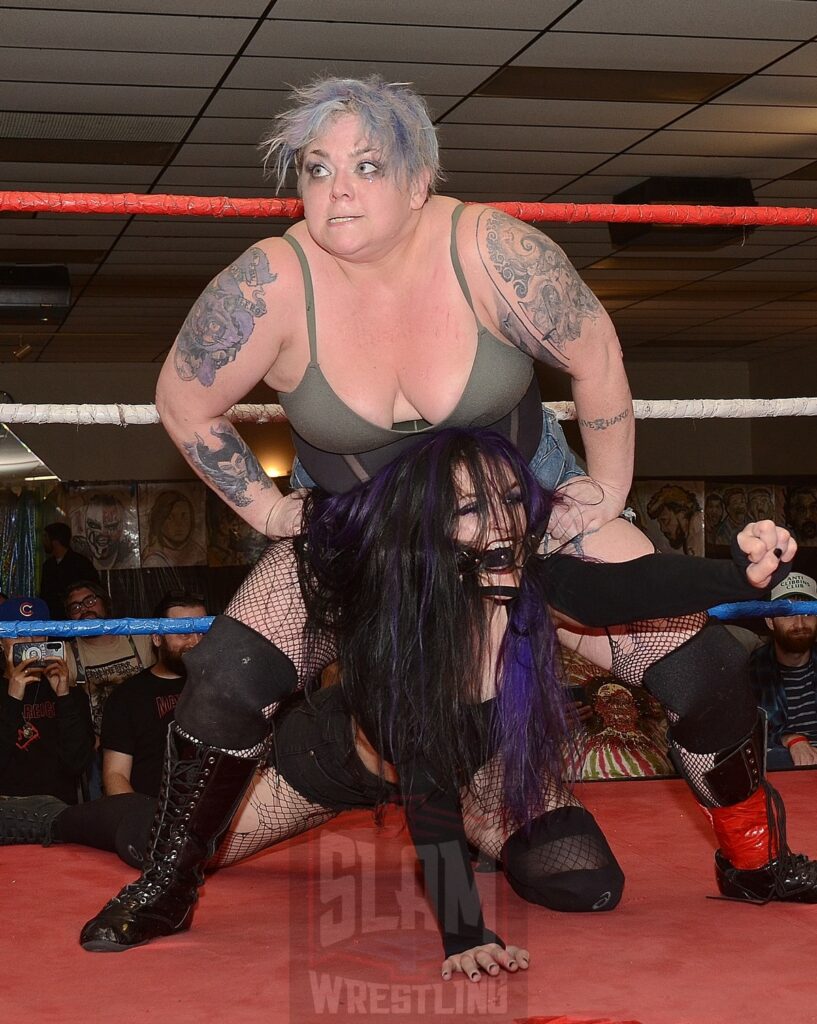 Mickey Knuckles and Frankie Ainsek in action during a battle royal at the Divine Women's Pro Wrestling card on Friday, April 26, 2024 at the Livonia Elks Lodge in Livonia, Michigan. Photo by Brad McFarlin