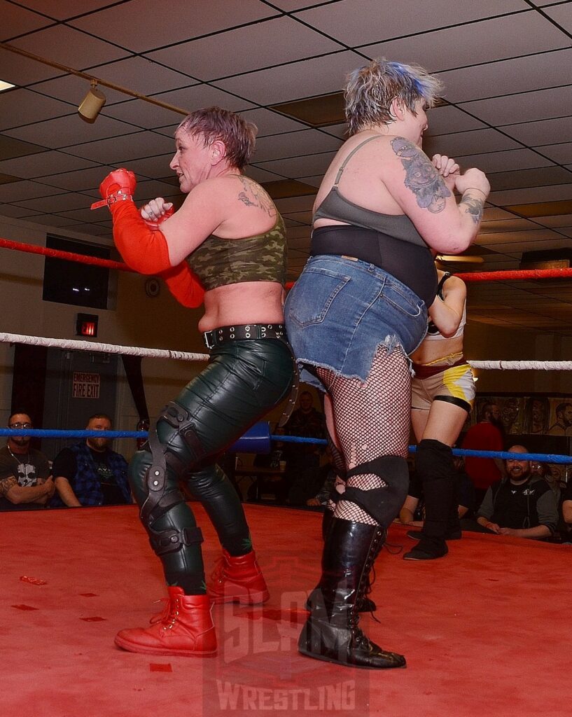 Randi West and Mickey Knuckles in action during a battle royal at the Divine Women's Pro Wrestling card on Friday, April 26, 2024 at the Livonia Elks Lodge in Livonia, Michigan. Photo by Brad McFarlin