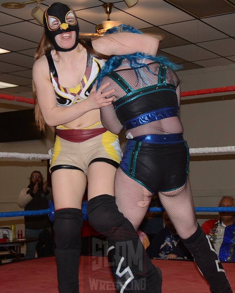 Heather Blue and Stella Buho in action during a battle royal at the Divine Women's Pro Wrestling card on Friday, April 26, 2024 at the Livonia Elks Lodge in Livonia, Michigan. Photo by Brad McFarlin