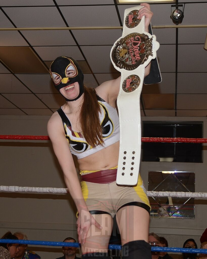 Stella Buho is the new Divine Women's Pro Wrestling champion after winning a battle royal at the Divine Women's Pro Wrestling card on Friday, April 26, 2024 at the Livonia Elks Lodge in Livonia, Michigan. Photo by Brad McFarlin
