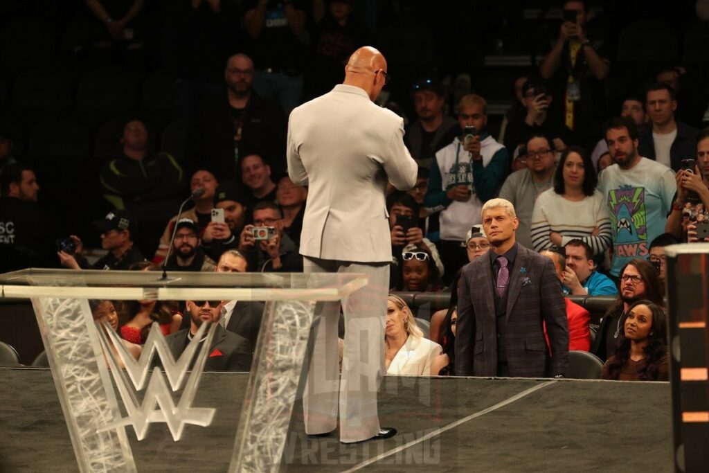 The Rock speaks directly to Cody Rhodes at the WWE Hall of Fame ceremony at the Wells Fargo Center in Philadelphia, PA, on Friday, April 5, 2024. Photo by George Tahinos, georgetahinos.smugmug.com