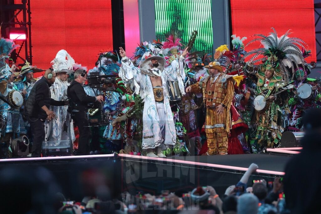 The Philadelphia Mummers accompany Seth Rollins to the ring at Night 2 of WrestleMania XL at Lincoln Financial Field in Philadelphia, PA, on Sunday, April 7, 2024. Photo by George Tahinos, georgetahinos.smugmug.com