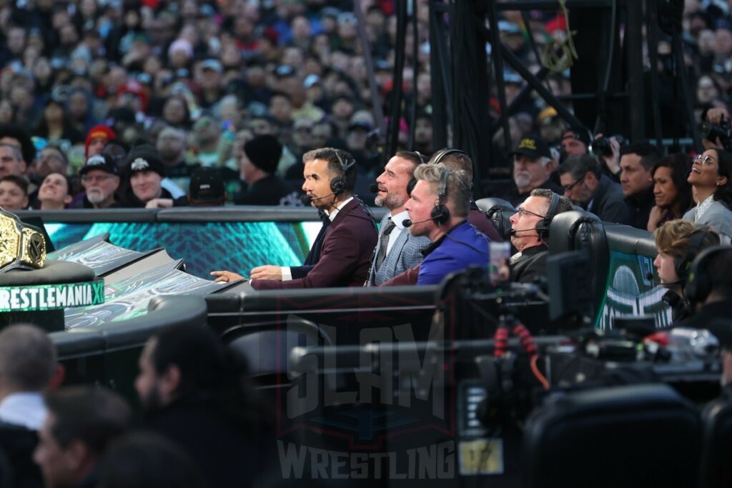 The announcers at ringside during the WWE World Heavyweight Championship match Seth Rollins (c) vs. Drew McIntyre at Night 2 of WrestleMania XL at Lincoln Financial Field in Philadelphia, PA, on Sunday, April 7, 2024. Photo by George Tahinos, georgetahinos.smugmug.com