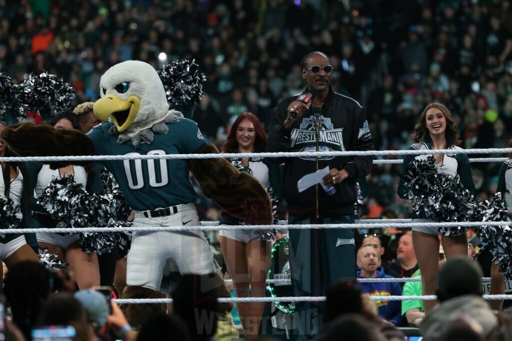 Snoop Dogg and the Philadelphia Eagles mascot and cheerleaders at Night 2 of WrestleMania XL at Lincoln Financial Field in Philadelphia, PA, on Sunday, April 7, 2024. Photo by George Tahinos, georgetahinos.smugmug.com