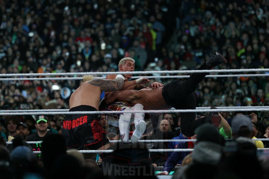 Solo Sikoa interferes during the Undisputed WWE Universal Championship match between Roman Reigns (c) and Cody Rhodes at Night 2 of WrestleMania XL at Lincoln Financial Field in Philadelphia, PA, on Sunday, April 7, 2024. Photo by George Tahinos, georgetahinos.smugmug.com