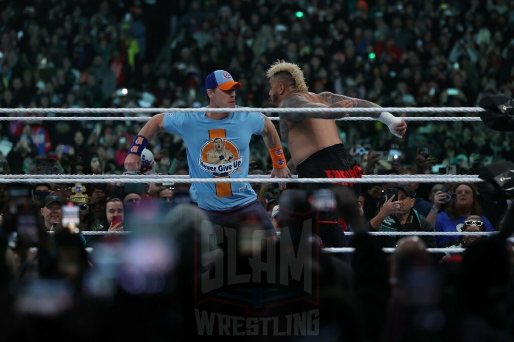 John Cena and Solo Sikoa interfere during the Undisputed WWE Universal Championship match between Roman Reigns (c) and Cody Rhodes at Night 2 of WrestleMania XL at Lincoln Financial Field in Philadelphia, PA, on Sunday, April 7, 2024. Photo by George Tahinos, georgetahinos.smugmug.com