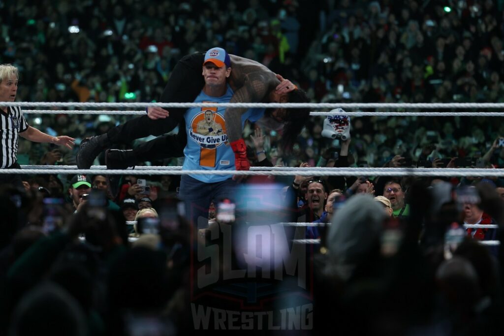 John Cena interferes during the Undisputed WWE Universal Championship match between Roman Reigns (c) and Cody Rhodes at Night 2 of WrestleMania XL at Lincoln Financial Field in Philadelphia, PA, on Sunday, April 7, 2024. Photo by George Tahinos, georgetahinos.smugmug.com