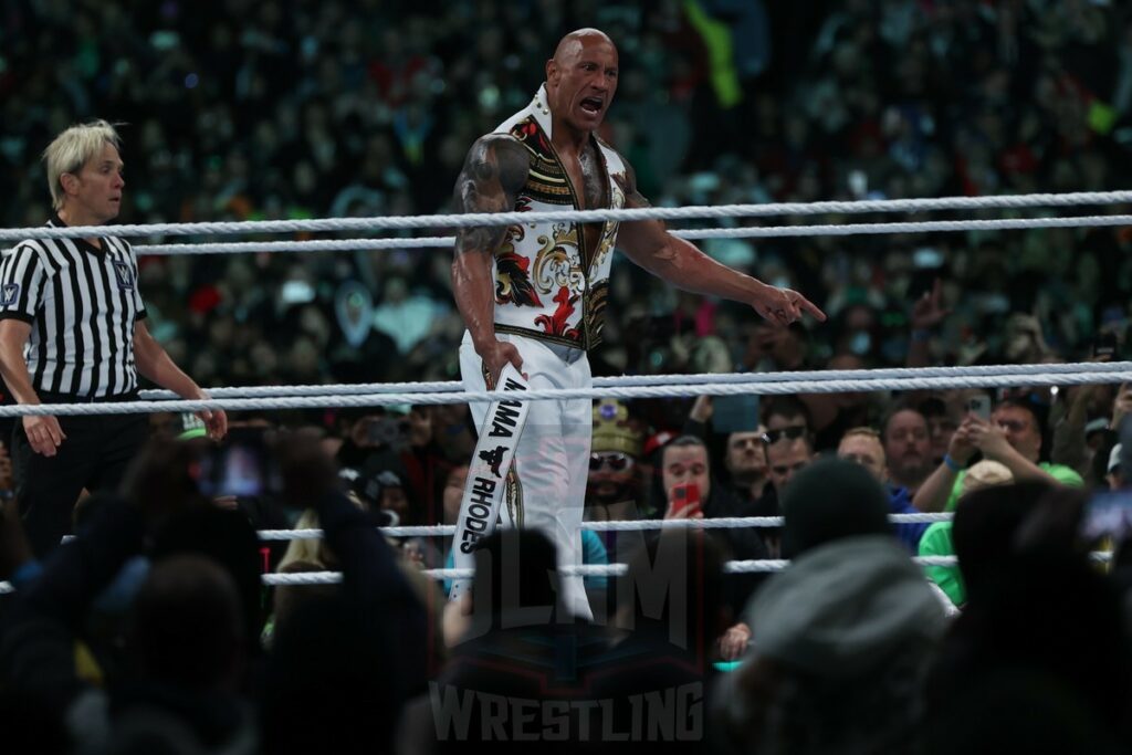 The Rock during the Undisputed WWE Universal Championship match between Roman Reigns (c) and Cody Rhodes at Night 2 of WrestleMania XL at Lincoln Financial Field in Philadelphia, PA, on Sunday, April 7, 2024. Photo by George Tahinos, georgetahinos.smugmug.com