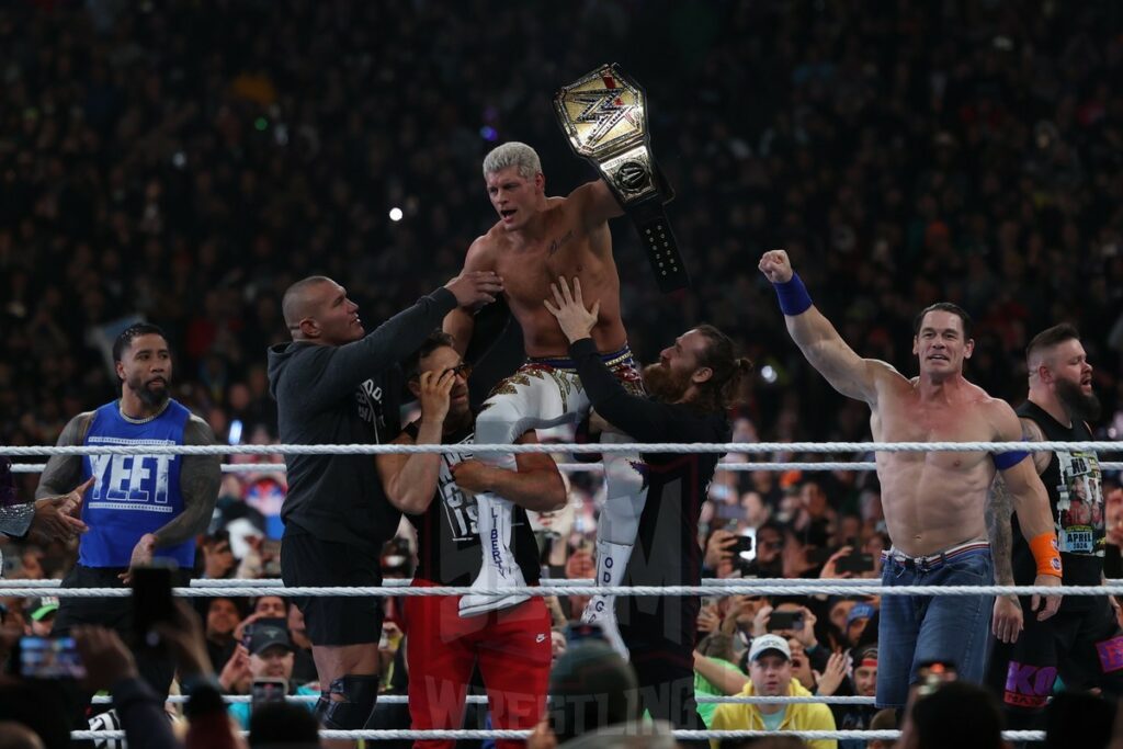 New Undisputed WWE Universal Champion Cody Rhodes is lifted up at Night 2 of WrestleMania XL at Lincoln Financial Field in Philadelphia, PA, on Sunday, April 7, 2024. Photo by George Tahinos, georgetahinos.smugmug.com