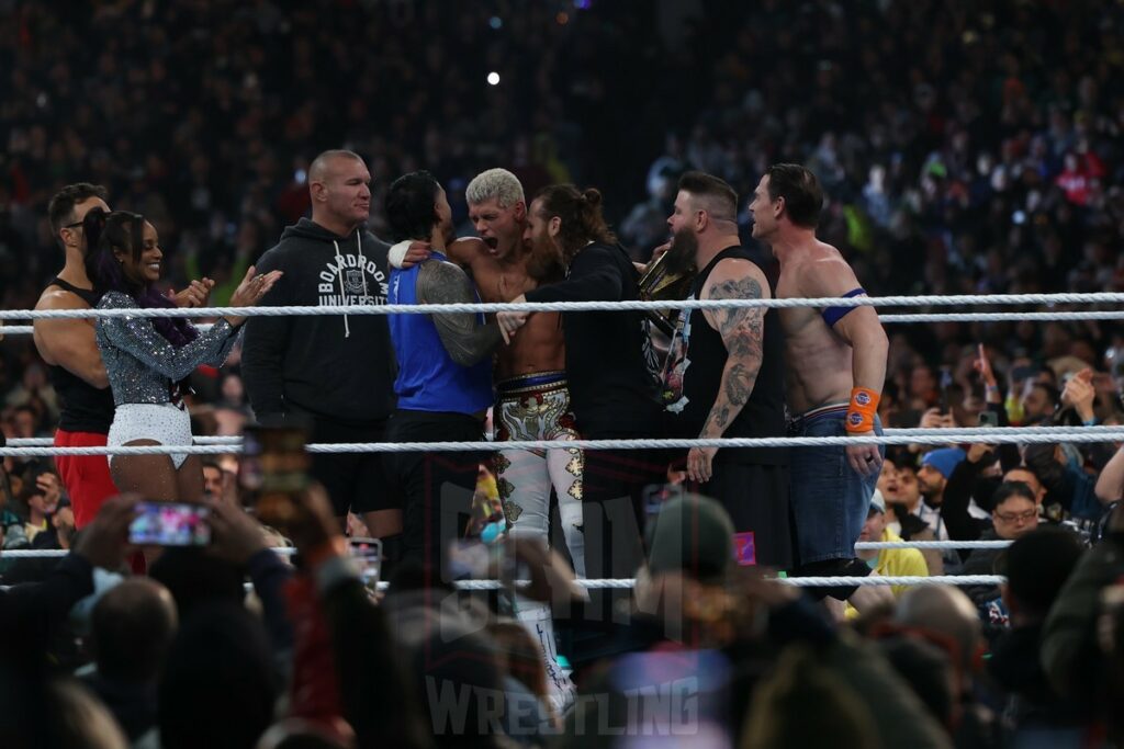 New Undisputed WWE Universal Champion Cody Rhodes celebrates at Night 2 of WrestleMania XL at Lincoln Financial Field in Philadelphia, PA, on Sunday, April 7, 2024. Photo by George Tahinos, georgetahinos.smugmug.com