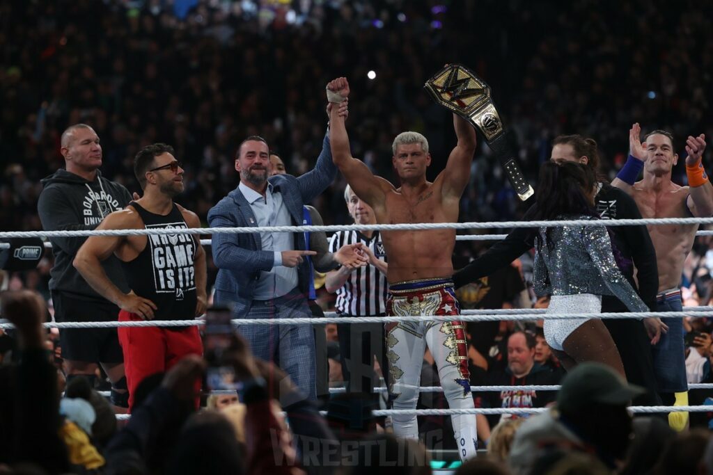 CM Punk celebrates new Undisputed WWE Universal Champion Cody Rhodes at Night 2 of WrestleMania XL at Lincoln Financial Field in Philadelphia, PA, on Sunday, April 7, 2024. Photo by George Tahinos, georgetahinos.smugmug.com