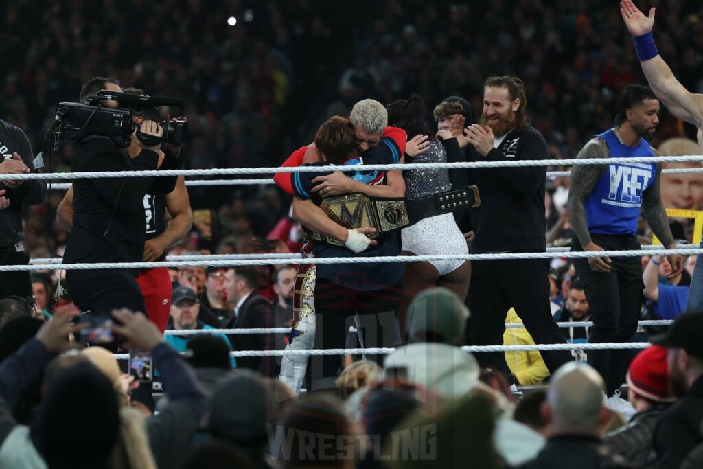 New Undisputed WWE Universal Champion Cody Rhodes celebrates with his mother, Michelle Runnells, at Night 2 of WrestleMania XL at Lincoln Financial Field in Philadelphia, PA, on Sunday, April 7, 2024. Photo by George Tahinos, georgetahinos.smugmug.com