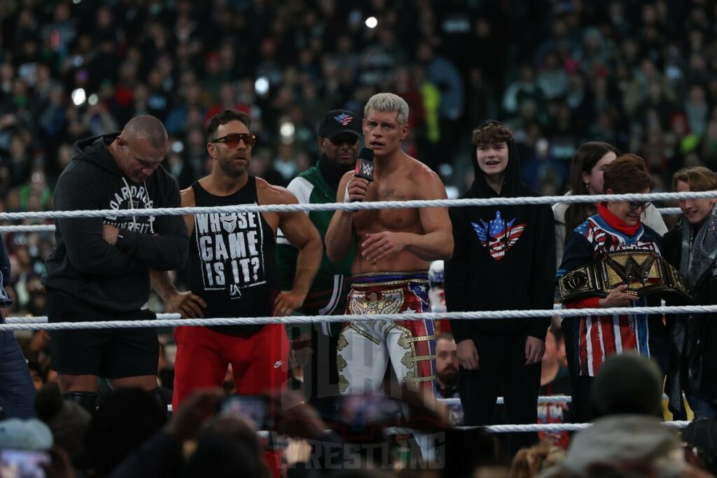 New Undisputed WWE Universal Champion Cody Rhodes celebrates at Night 2 of WrestleMania XL at Lincoln Financial Field in Philadelphia, PA, on Sunday, April 7, 2024. Photo by George Tahinos, georgetahinos.smugmug.com