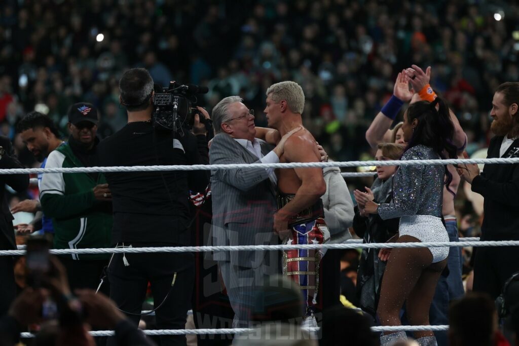 New Undisputed WWE Universal Champion Cody Rhodes celebrates with Bruce Prichard at Night 2 of WrestleMania XL at Lincoln Financial Field in Philadelphia, PA, on Sunday, April 7, 2024. Photo by George Tahinos, georgetahinos.smugmug.com