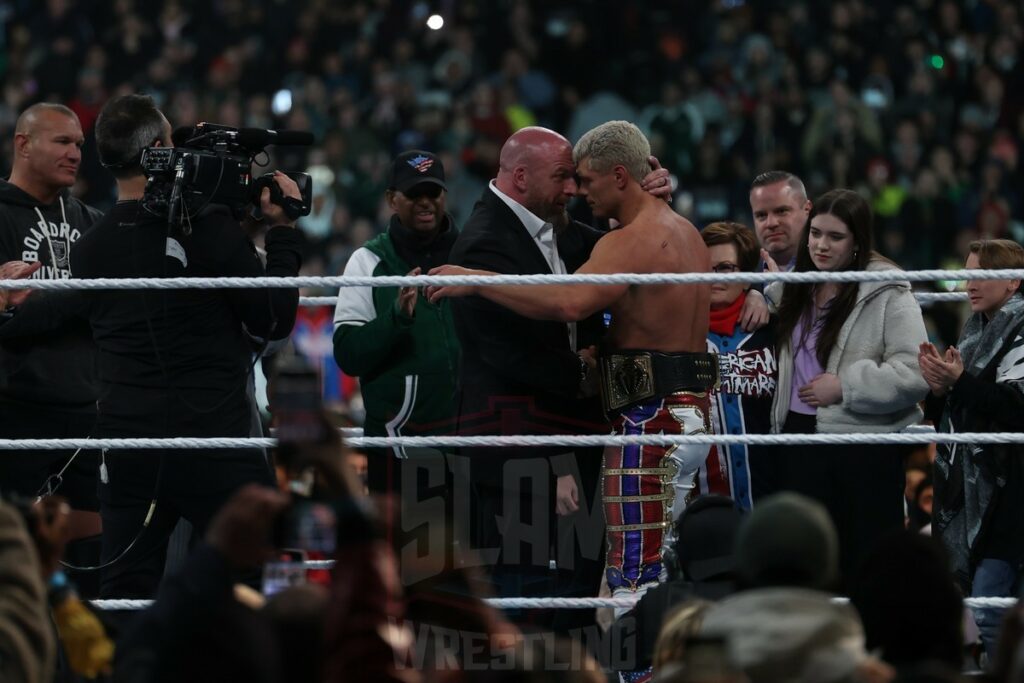 New Undisputed WWE Universal Champion Cody Rhodes celebrates with Paul Levesque / Triple H at Night 2 of WrestleMania XL at Lincoln Financial Field in Philadelphia, PA, on Sunday, April 7, 2024. Photo by George Tahinos, georgetahinos.smugmug.com