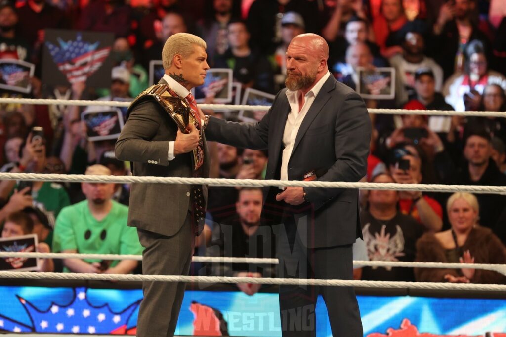 Triple H / Paul Levesque and Cody Rhodes at WWE Monday Night Raw at the Wells Fargo Center in Philadelphia, PA, on April 8, 2024. Photo by George Tahinos, georgetahinos.smugmug.com