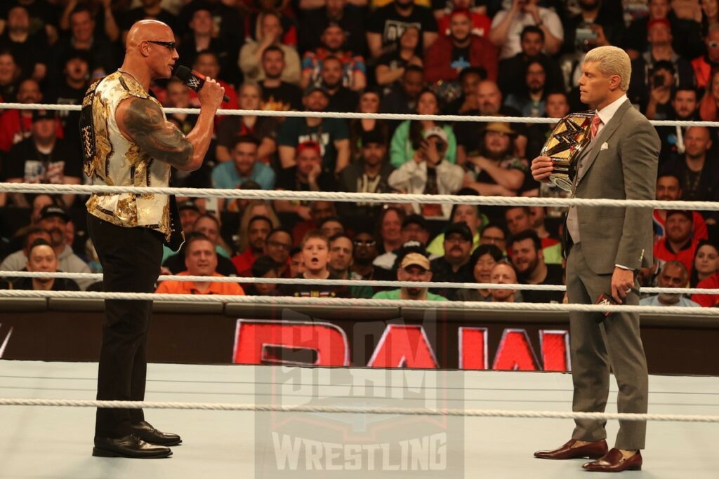 The Rock and Cody Rhodes at WWE Monday Night Raw at the Wells Fargo Center in Philadelphia, PA, on April 8, 2024. Photo by George Tahinos, georgetahinos.smugmug.com