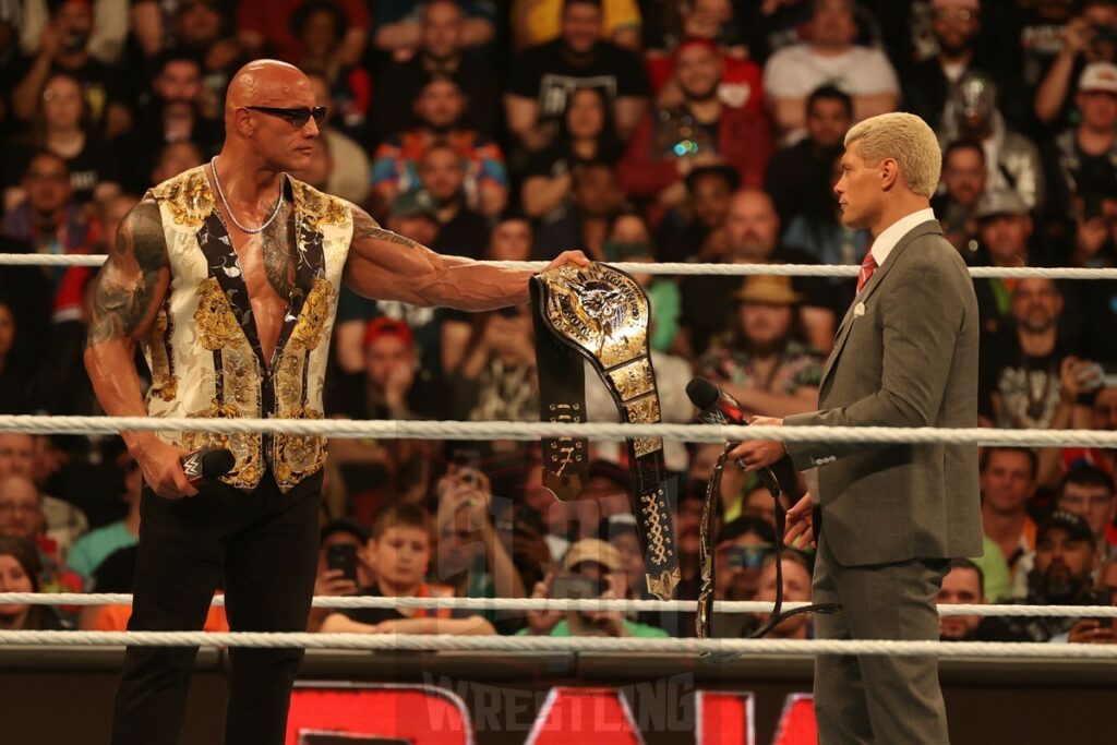 The Rock and Cody Rhodes at WWE Monday Night Raw at the Wells Fargo Center in Philadelphia, PA, on April 8, 2024. Photo by George Tahinos, georgetahinos.smugmug.com