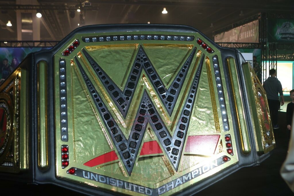 A giant WWE Undisputed championship belt at WWE World at the Philadelphia Convention Center in Philadelphia, PA, on Friday, April 5, 2024. Photo by George Tahinos, georgetahinos.smugmug.com