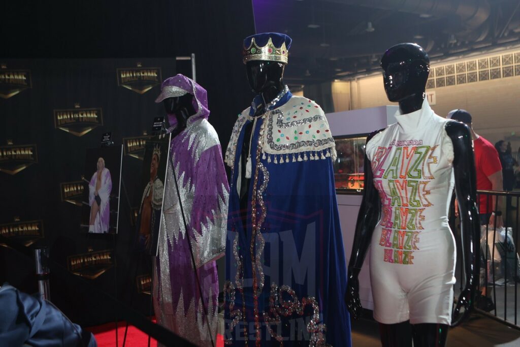 A display of outfits from Dusty Rhodes, Jerry Lawler and Alundra Blayze at WWE World at the Philadelphia Convention Center in Philadelphia, PA, on Friday, April 5, 2024. Photo by George Tahinos, georgetahinos.smugmug.com